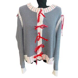 Sweet Bow Striped Navy White Nautical Novelty Sweater Red Ribbon Artsy Preppy